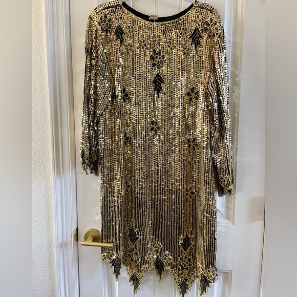 Gunit Vintage Gold Silver Sequin Beaded Embellished Flapper Shift Dress | Large - Picture 3 of 15